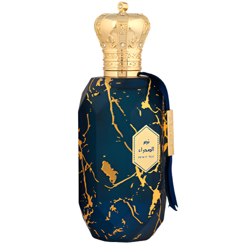 Armaf Eter Desert Star perfume bottle with dark teal glass, gold marble pattern, and crowned gold cap.