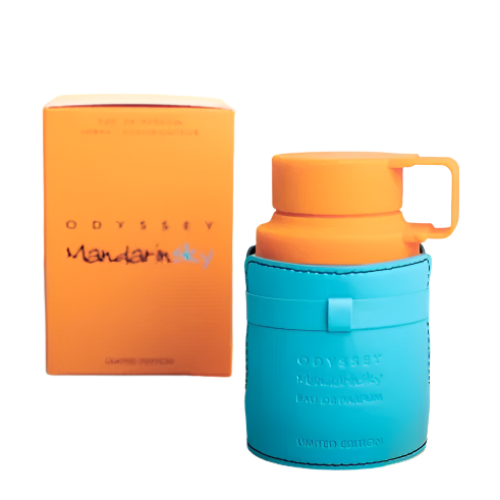 Armaf Odyssey Mandarin Sky fragrance with turquoise case, orange bottle, and packaging box
