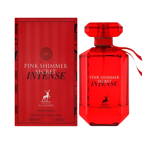 Maison Alhambra Pink Shimmer Secret Intense 3.4 Oz Red bottle with packaging box front view