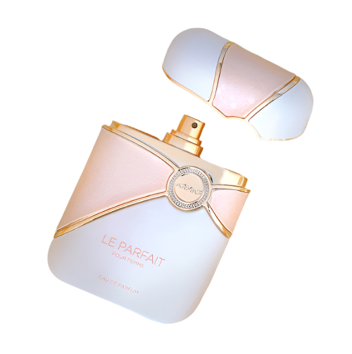Armaf Le Parfait Eau De Parfum bottle with matching cap, gradient pink and blue glass with gold accents