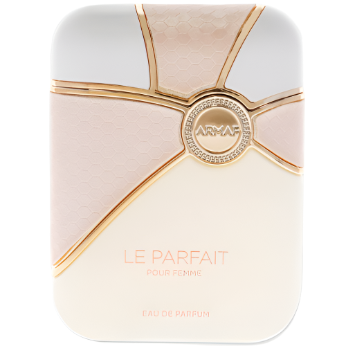 Armaf Le Parfait cream and gold fragrance bottle with decorative bow and circular emblem