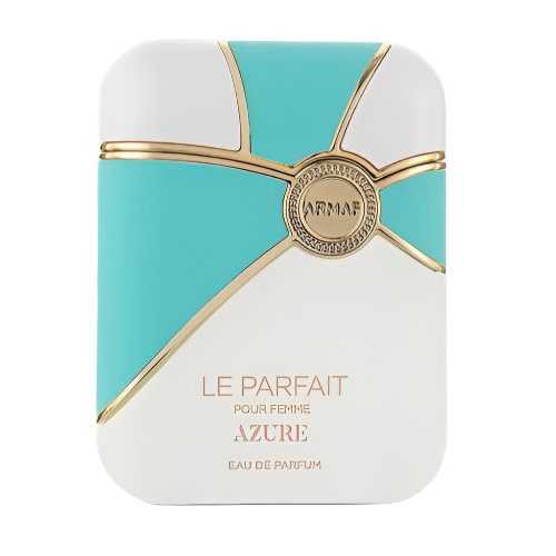 Armaf Le Parfait Azure eau de parfum bottle with turquoise and white colorblock design and gold accents