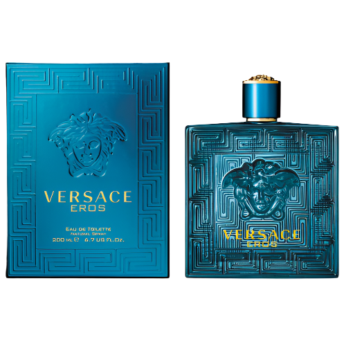 Versace Eros Eau de Toilette bottle beside its embossed blue Medusa gift box