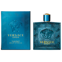 Versace Eros Eau de Toilette bottle beside its embossed blue Medusa gift box