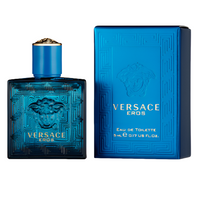 Versace Eros Eau de Toilette miniature bottle beside its blue Medusa box
