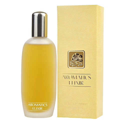 Aromatics Elixir Eau De Parfum bottle in yellow liquid with striped cap and matching textured box packaging