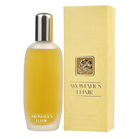 Aromatics Elixir Eau De Parfum bottle in yellow liquid with striped cap and matching textured box packaging