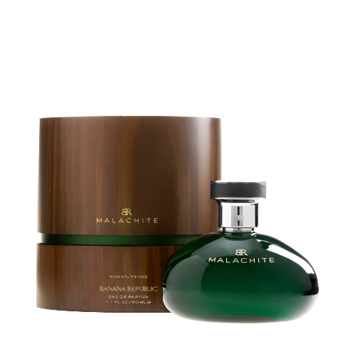 Malachite green eau de parfum bottle next to brown cylindrical box with green band