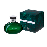 Malachite green oval perfume bottle with black cap next to matching patterned box