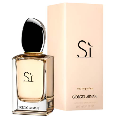 Armani Si eau de parfum bottle with black cap next to cream packaging box