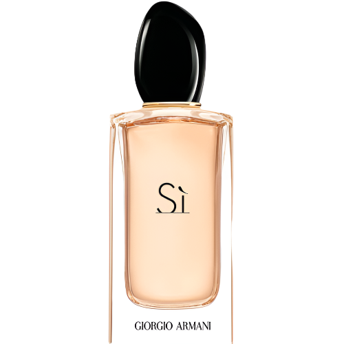 Armani Si eau de parfum bottle with black oval cap on white background