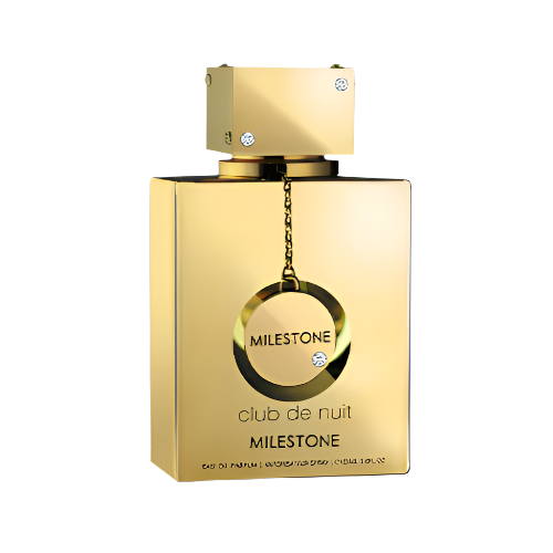 Armaf Club De Nuit Milestone Eau De Parfum bottle in gold with hanging circular pendant charm