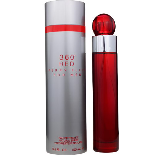 360 Red Eau De Toilette bottle with cylindrical spray atomizer next to gray packaging box