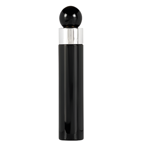 360 Black Eau De Toilette bottle with black cylindrical body, silver band, and glossy black spherical cap