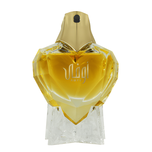 Ahmed Al Maghribi Awfa heart-shaped golden bottle with clear base and gold spray cap
