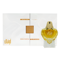 Ahmed Al Maghribi Awfa perfume bottle with heart-shaped gold glass flacon and white box packaging