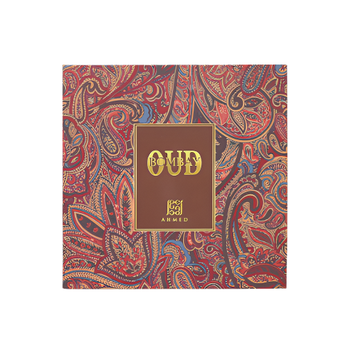 Ahmed Al Maghribi Bombay Oud perfume box with red paisley pattern and gold text label