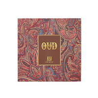 Ahmed Al Maghribi Bombay Oud perfume box with red paisley pattern and gold text label