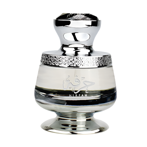Ahmed Al Maghribi Hirfah Eau De Parfum bottle with chrome cap, cream band, and black stripe on pedestal base