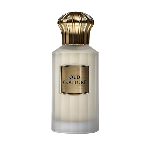 Oud Couture frosted glass bottle with gold ribbed cap and label