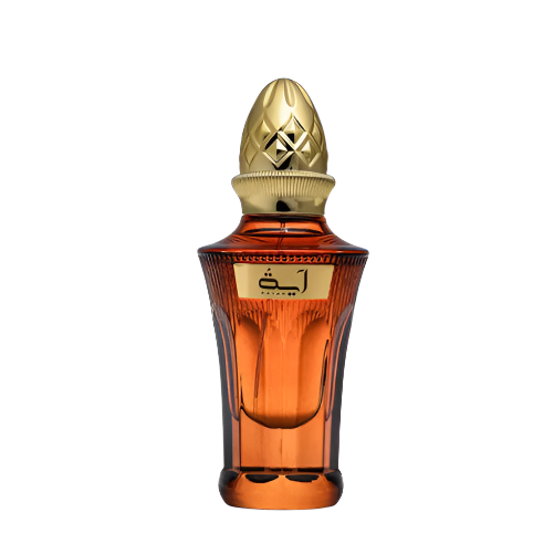 Ahmed Al Maghribi Aayah Eau De Parfum bottle with amber liquid and gold decorative stopper