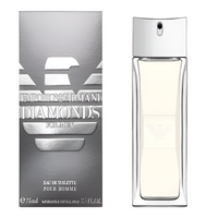 Emporio Armani Diamonds Eau de Toilette 75 ml clear glass bottle with silver spray cap and metallic packaging box front view