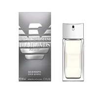 Emporio Armani Diamonds Eau de Toilette 75 ml clear glass bottle with silver spray cap and metallic packaging box front view