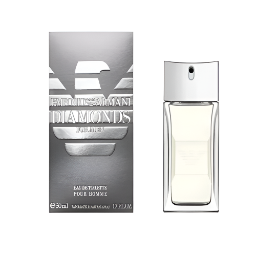 Emporio Armani Diamonds Eau de Toilette 75 ml clear glass bottle with silver spray cap and metallic packaging box front view