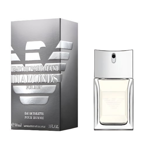 Emporio Armani Diamonds Eau de Toilette 75 ml clear glass bottle with silver spray cap and metallic packaging box front view