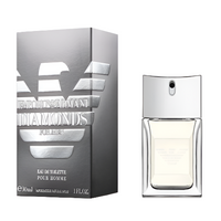 Emporio Armani Diamonds Eau de Toilette 75 ml clear glass bottle with silver spray cap and metallic packaging box front view