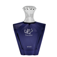 Afnan Turathi Blue Eau De Parfum bottle with deep blue glass and silver cap