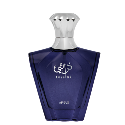 Afnan Turathi Blue Eau De Parfum bottle with deep blue glass and silver cap