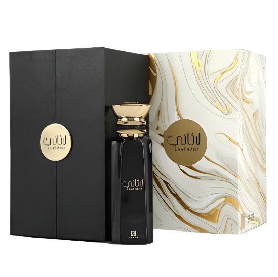 Laathani black eau de parfum bottle with gold accents and matching packaging boxes
