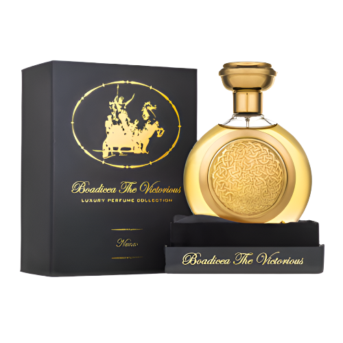 Boadicea The Victorious Nemer Eau De Parfum bottle in gold with black box and stand