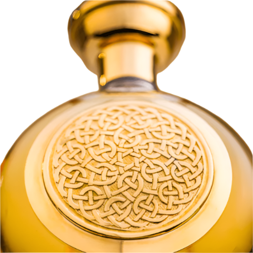 Gold perfume bottle with ornate Celtic knot pattern on round stopper and front panel
