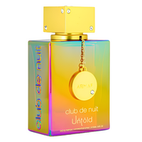 Armaf Club De Nuit Untold eau de parfum bottle with gradient rainbow packaging and gold pendant charm