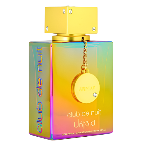 Armaf Club De Nuit Untold eau de parfum bottle with gradient rainbow packaging and gold pendant charm