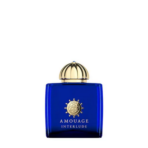Amouage Interlude bottle with blue glass and gold dome cap