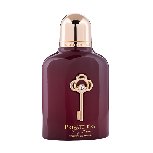 Armaf Club De Nuit Private Key To Love burgundy perfume bottle with gold key pendant and rose gold cap