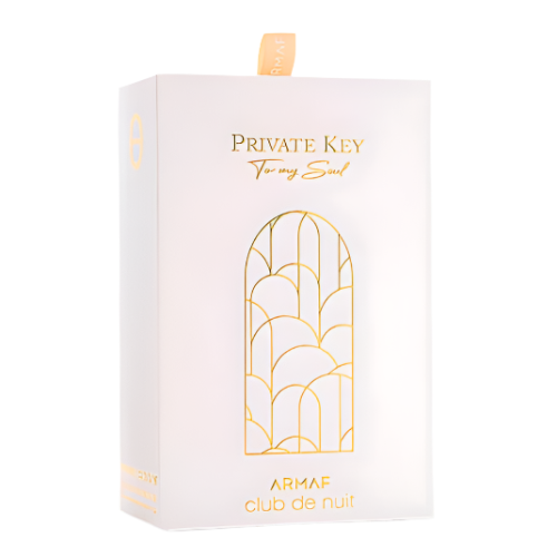 Armaf Club De Nuit Private Key To My Soul Extrait De Parfum box, cream and gold packaging with arched window design