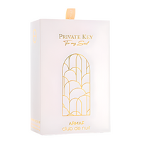 Armaf Club De Nuit Private Key To My Soul Extrait De Parfum box, cream and gold packaging with arched window design