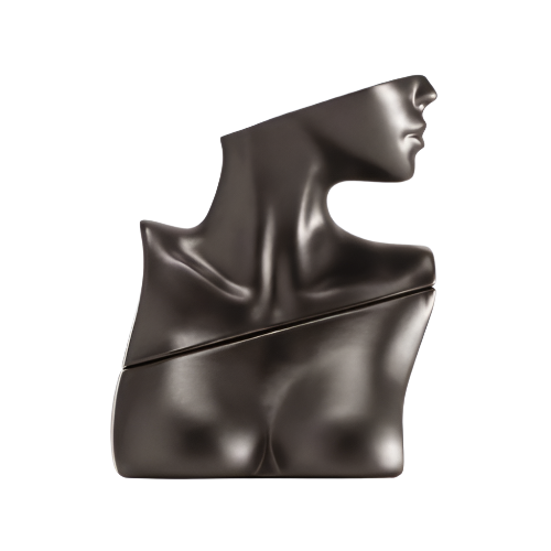 Black sculptural bust-shaped perfume bottle with female profile and torso design