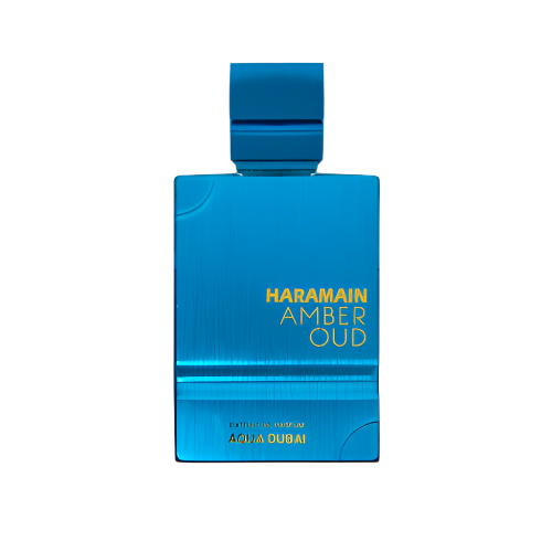 Al Haramain Amber Oud Aqua Dubai Extrait De Parfum bottle with blue rectangular design and gold text