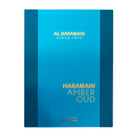 Al Haramain Amber Oud fragrance box with blue and teal gradient design, gold text