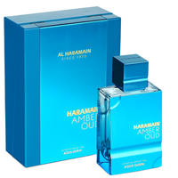 Al Haramain Amber Oud Aqua Dubai fragrance bottle and blue box packaging