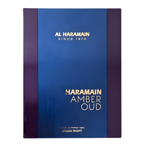 Al Haramain Amber Oud Dubai Night Extrait De Parfum box with blue and purple packaging
