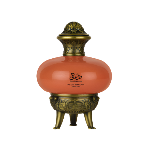 Lattafa Niche Emarati Durrah Eau de Parfum 3.4 oz luxury orange bottle with gold detailing front view