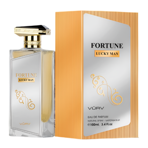 Vurv Fortune Lucky Man Eau de Parfum 3.4 oz transparent bottle with orange and silver packaging box front view