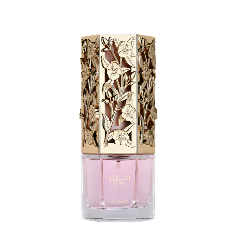 Lattafa Asdaaf Raneen Eau de Parfum 3.4 oz pink bottle with floral gold cap front view