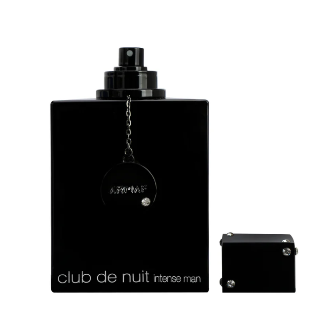 Black fragrance bottle with spray atomizer and small refill vial, labeled Club de Nuit Intense Man